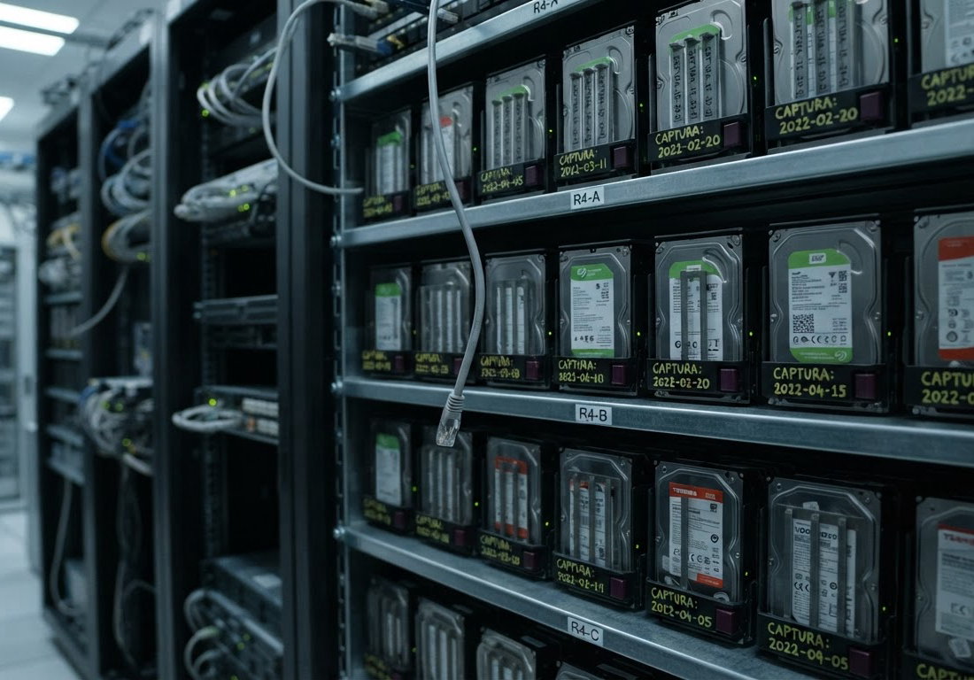 Estante metálica com discos rígidos enfileirados e etiquetados com datas, em sala de arquivo fechada sob luz fria, com um cabo de rede desconectado pendurado em primeiro plano