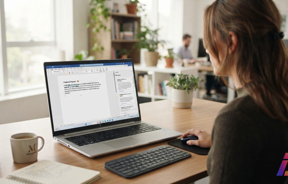 Tela de notebook mostra assistente sugerindo texto em documento aberto ao lado, com funcionária digitando em mesa iluminada por luz natural