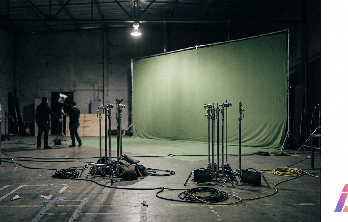 Estúdio cinematográfico com tela verde desativada, cabos e tripés desmontados no chão de concreto sob iluminação tênue de serviço