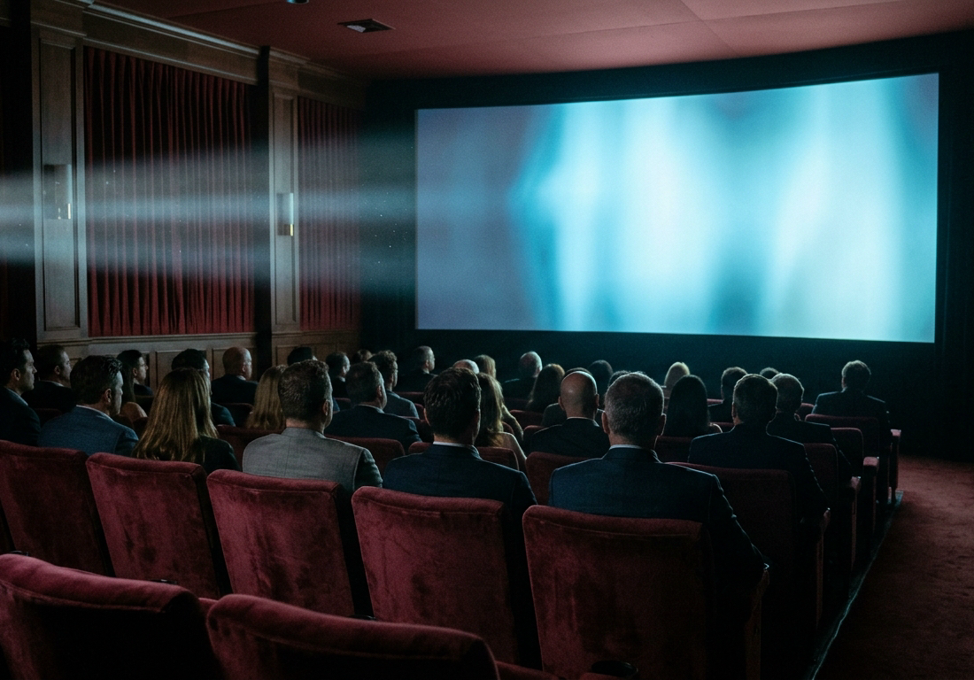 Silhuetas de espectadores em poltronas de veludo observam uma grande tela de cinema iluminada em sala de exibição privada.
