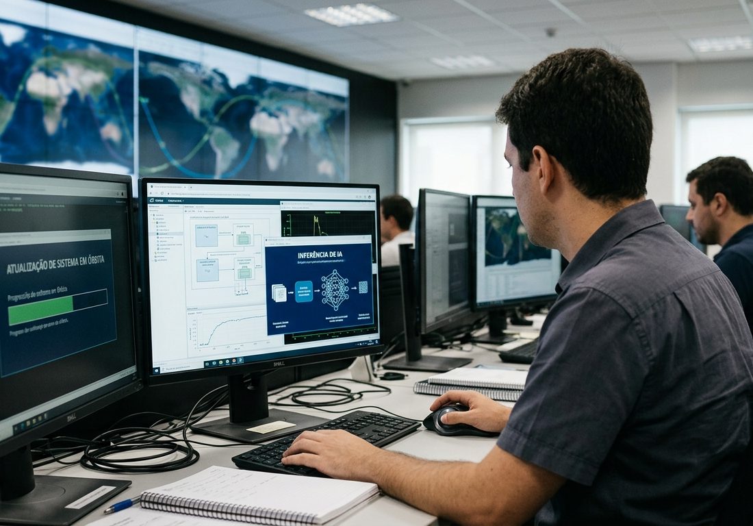 Monitores em uma estação de controle exibindo mapas orbitais e gráficos de telemetria para envio de atualizações a satélites