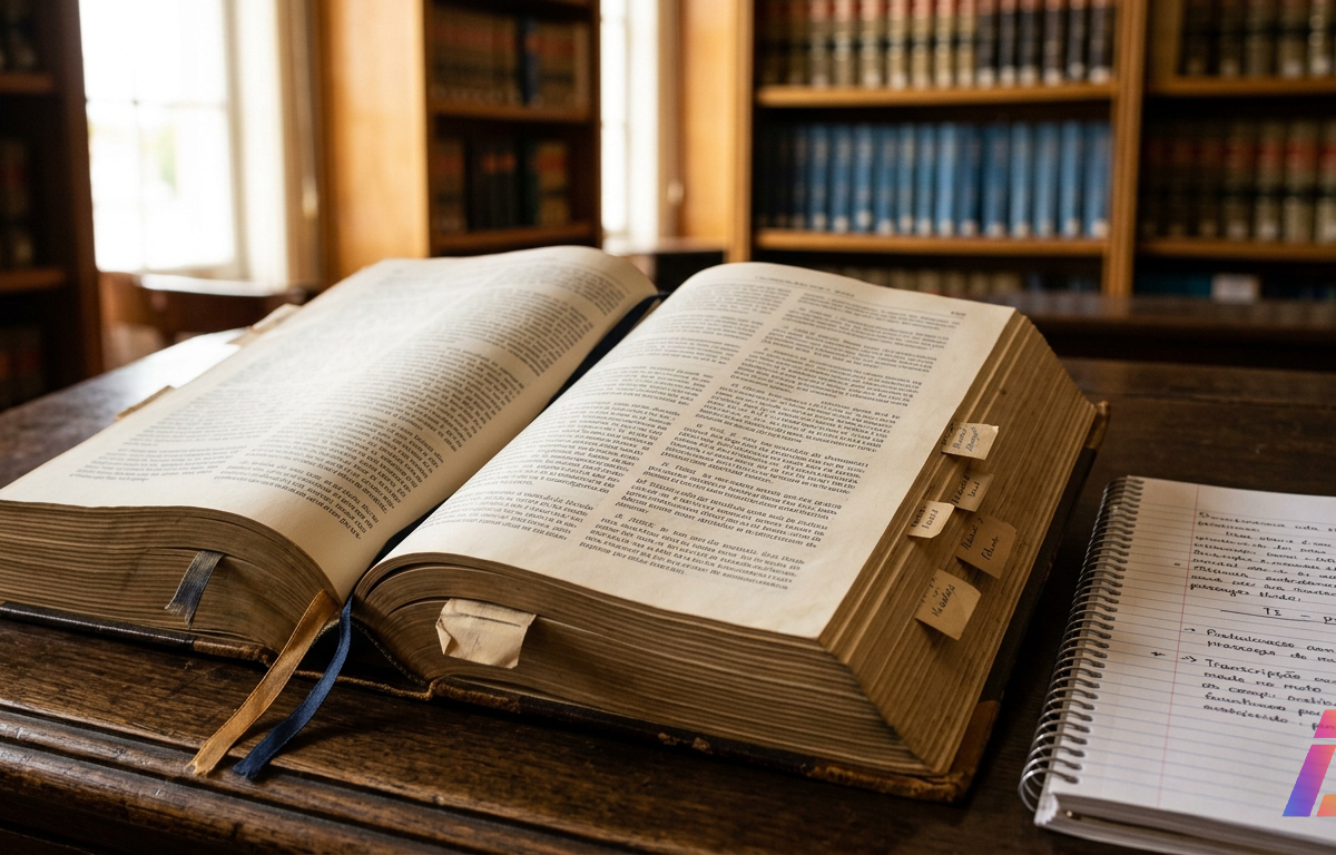 Compêndios jurídicos abertos sobre escrivaninha de madeira em biblioteca clássica, exibindo notas analíticas em páginas densas ao lado de caderno com anotações manuais.