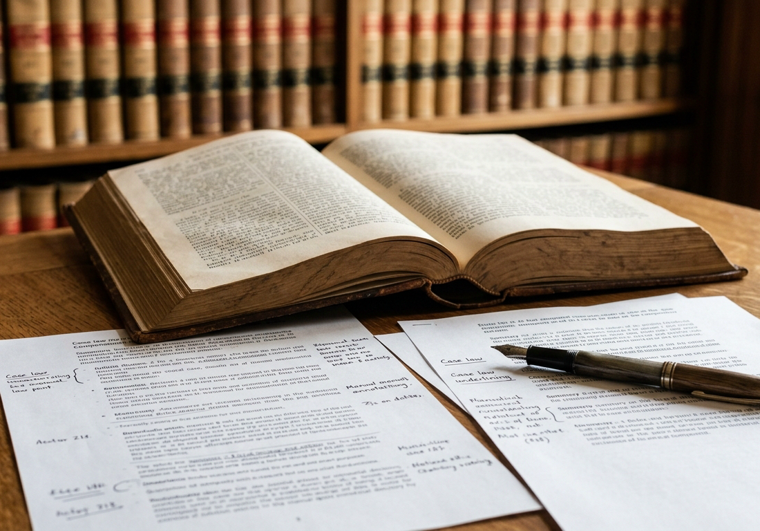 Volume jurídico aberto sobre mesa de madeira escura ao lado de folhas com sumários anotados à tinta e uma caneta-tinteiro clássica em biblioteca jurídica