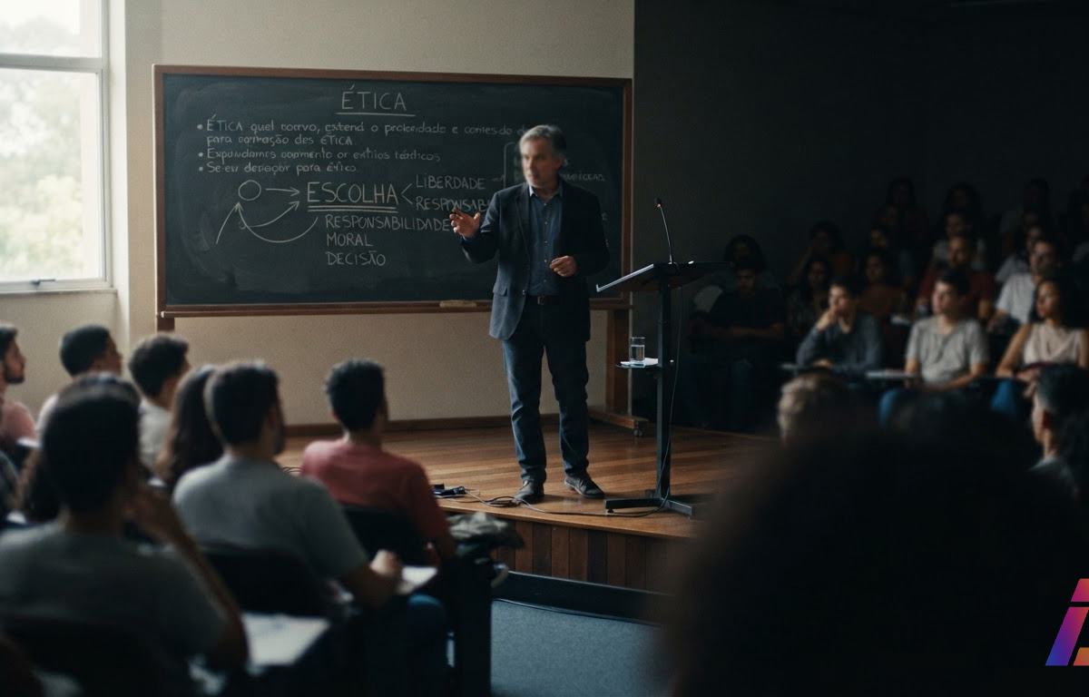 Filósofo palestra sobre ética em auditório universitário, diante de plateia atenta, com quadro-negro ao fundo e luz natural lateral entrando pela janela.