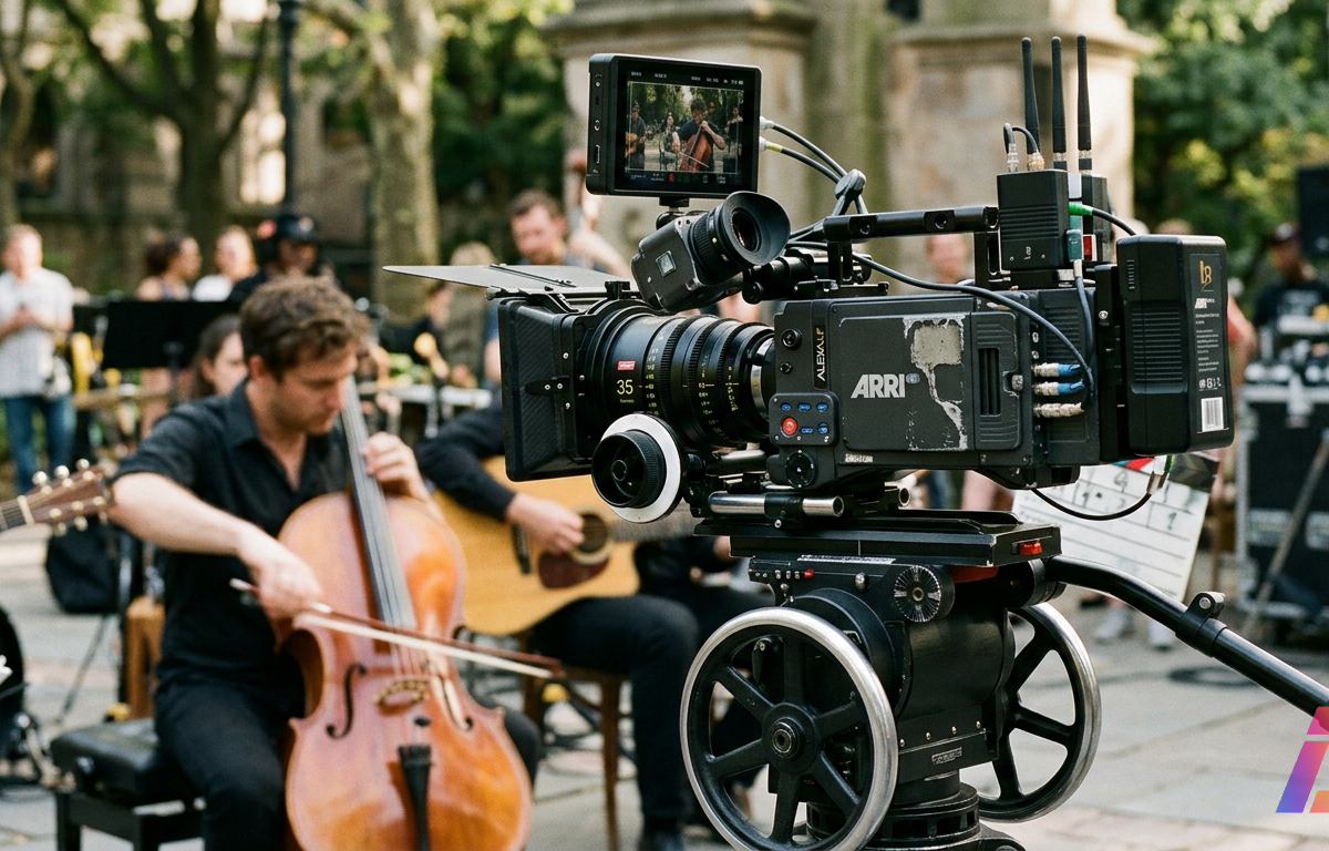 Equipamento de captação audiovisual com microfone shotgun direcional acoplado a uma câmera cinematográfica com lente de foco manual, posicionados em ambiente acústico iluminado para gravação simultânea de som e imagem