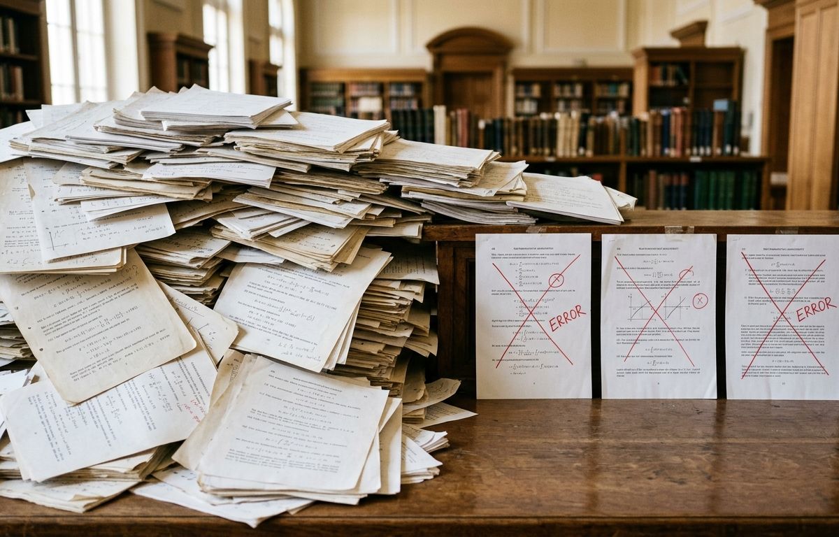 Pilha alta de manuscritos matemáticos impressos sobre uma mesa de estudo sob luz suave de biblioteca, com três folhas separadas à direita marcadas com risco vermelho indicando erro.