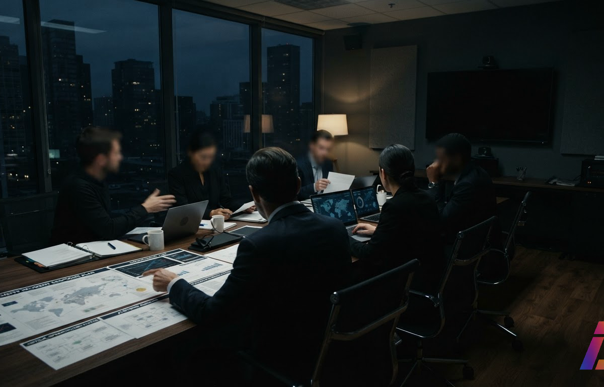 Executivos reunidos em sala reservada discutem documentos de crise espalhados sobre a mesa, com uma cidade às escuras visível pela janela ao fundo.