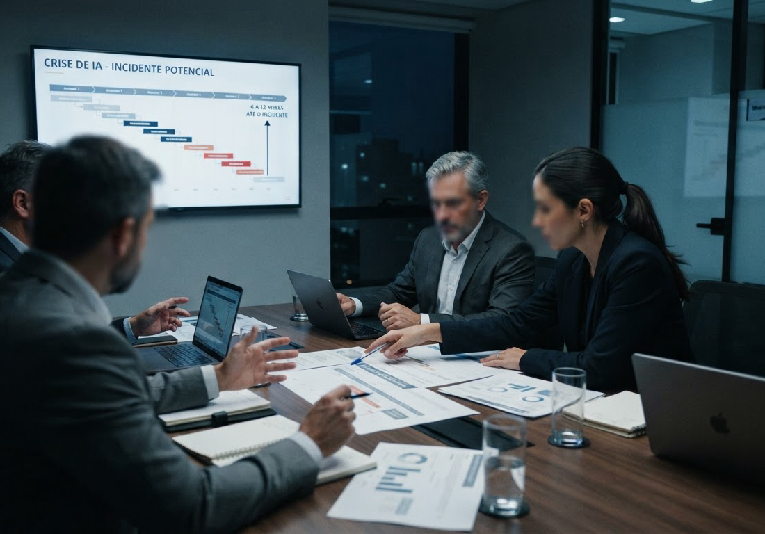 Sala de reunião com mesa longa e executivos de terno em silhueta analisando documentos e um cronograma que marca um período de seis a doze meses, sob luz fria de escritório corporativo
