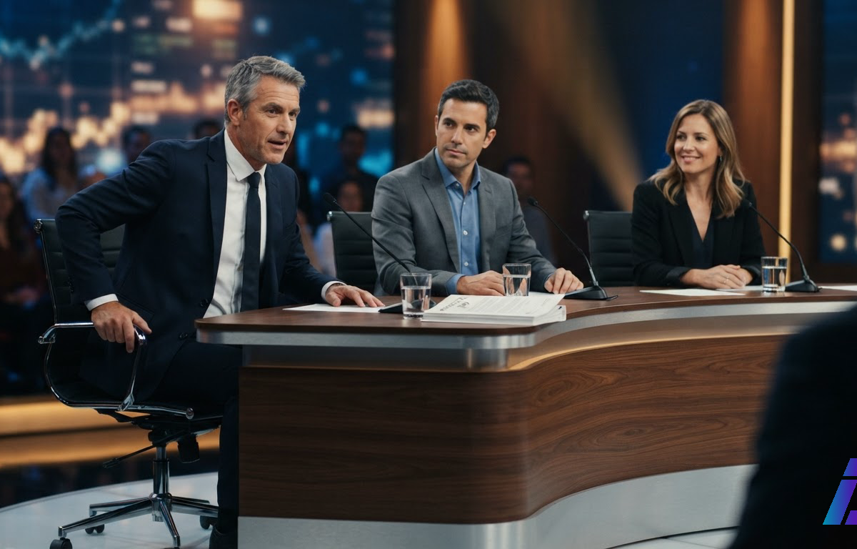 Três executivos de terno sentados lado a lado em um palco de auditório televisivo sob luz quente de estúdio, um deles começando a se levantar da cadeira, com um prospecto impresso sobre a bancada à frente.