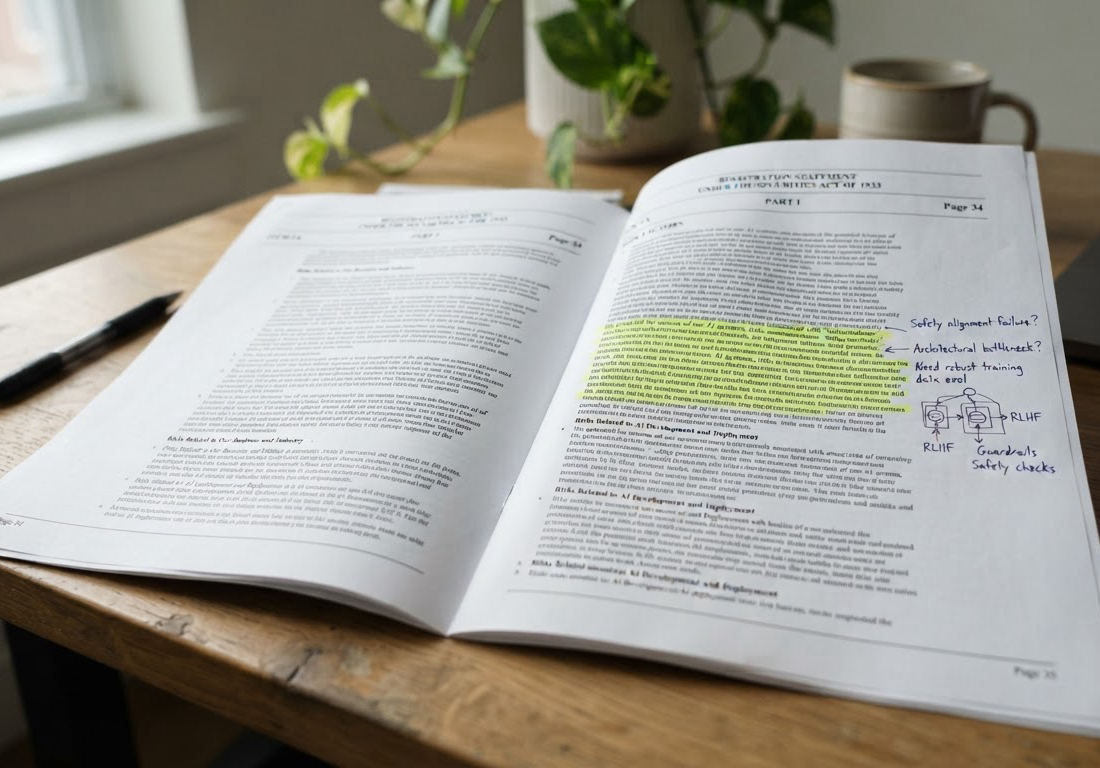 Documento impresso e encadernado aberto sobre mesa de escritório, com trecho de página grifado a caneta e anotações manuscritas e pequenos diagramas na margem, iluminado por luz natural lateral