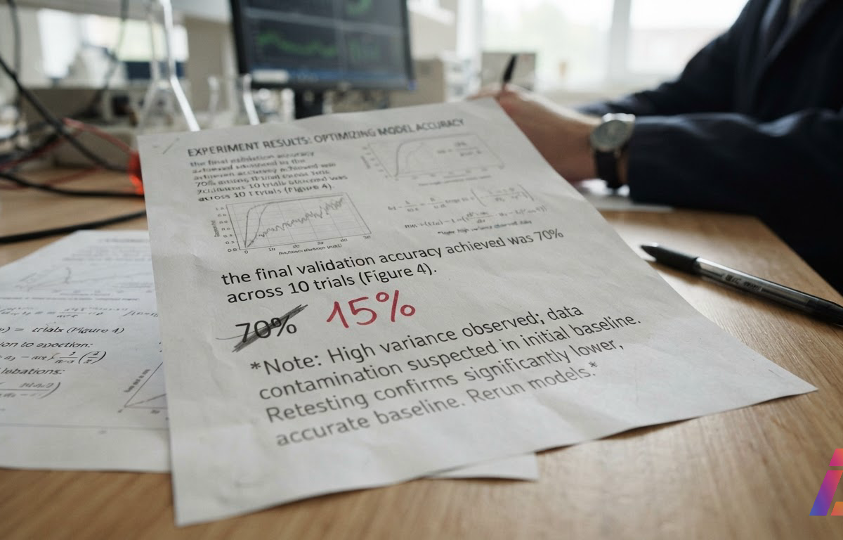 Página de pesquisa sobre experimento de machine learning sob luz de laboratório, com o número 70% anotado a lápis e riscado e a correção 15% escrita em vermelho ao lado