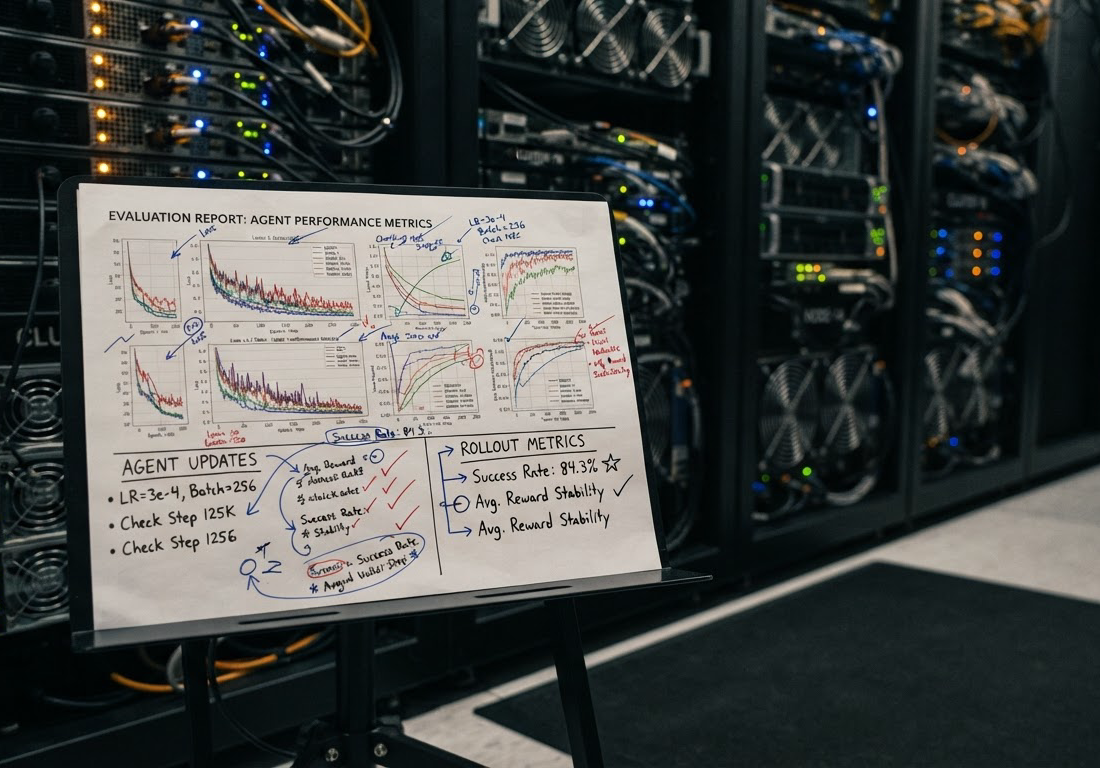 Relatório impresso do InnovationEval com curvas de perda, marcações de atualizações e rollouts feitas a caneta, apoiado diante de racks de servidores com GPUs reservadas para avaliação autônoma de agentes, em ambiente de data center