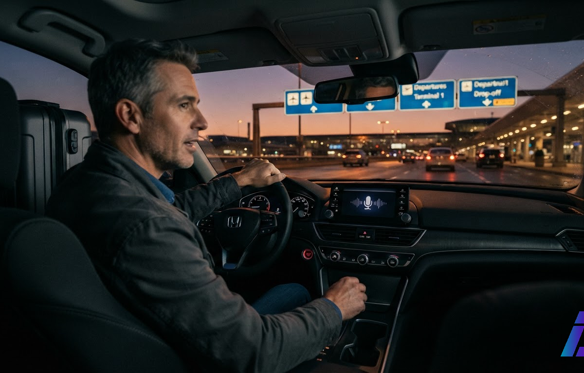 Motorista ao volante fala com o assistente de voz do carro a caminho do aeroporto ao entardecer, com uma mala no banco traseiro e placas de embarque visíveis pelo para-brisa