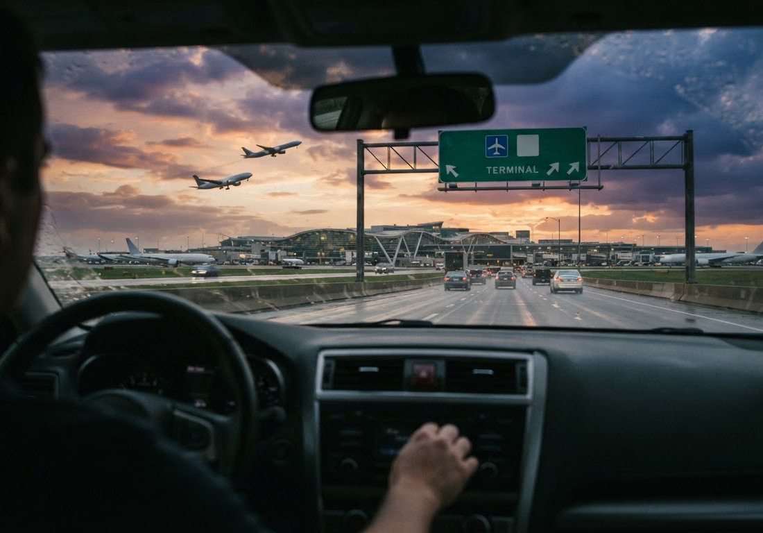 Motorista visto por trás ao volante em rodovia no fim de tarde, com aviões decolando ao longe pelo para-brisa e placa de terminal de aeroporto à beira da pista