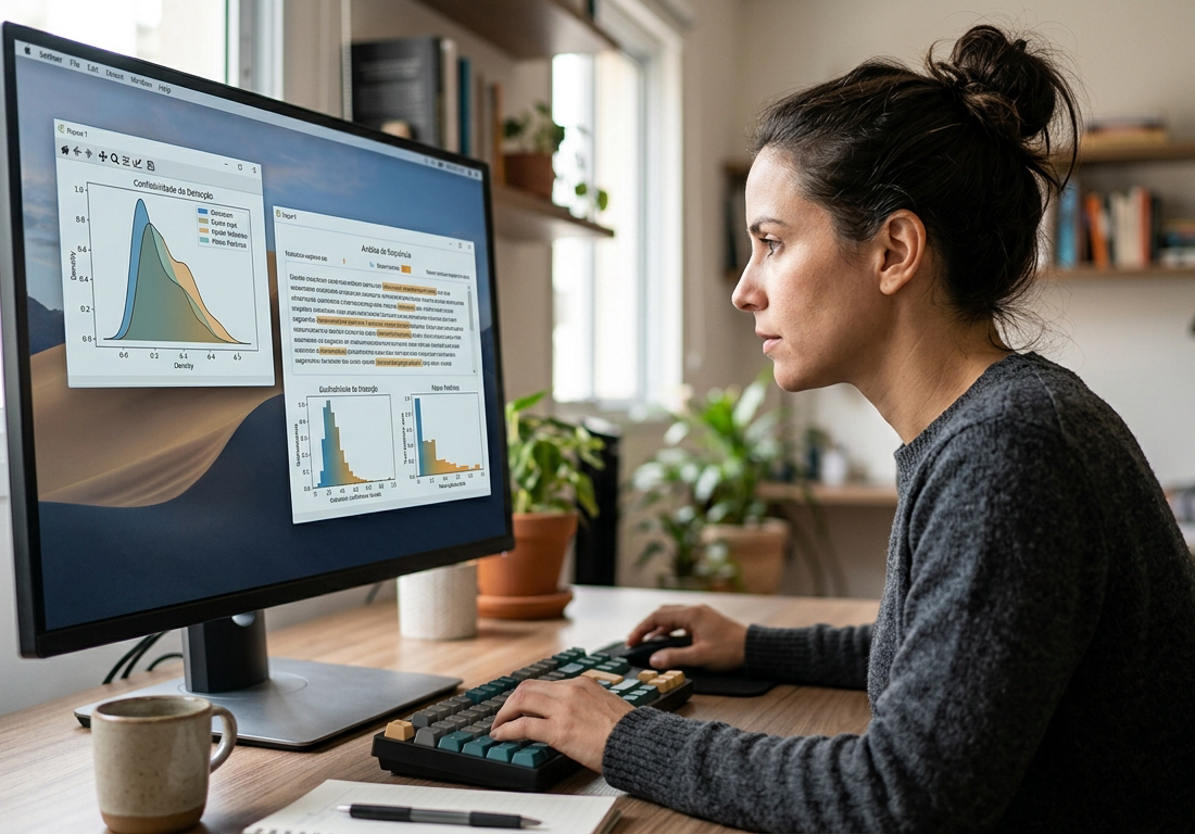Profissional analisando métricas de detecção de texto em monitor de computador.
