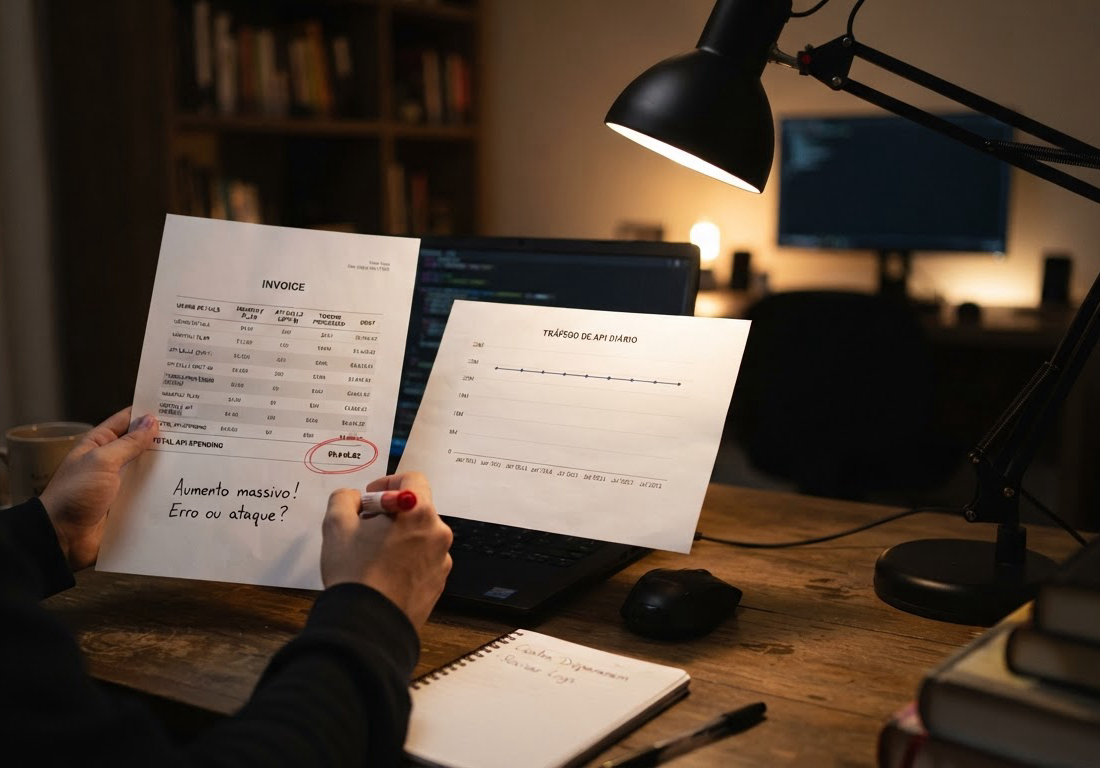 Fatura impressa com um valor alto circulado em vermelho ao lado de um gráfico impresso de tráfego estável, sobre uma mesa de escritório iluminada por uma luminária à noite