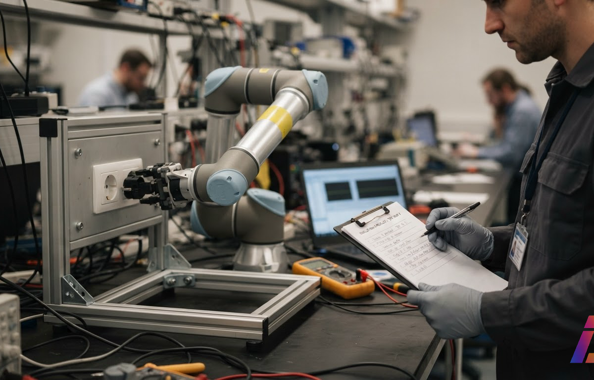 Braço robótico tenta encaixar um plugue em uma tomada sobre bancada de laboratório, enquanto engenheiro confere lista de acertos durante avaliação prática