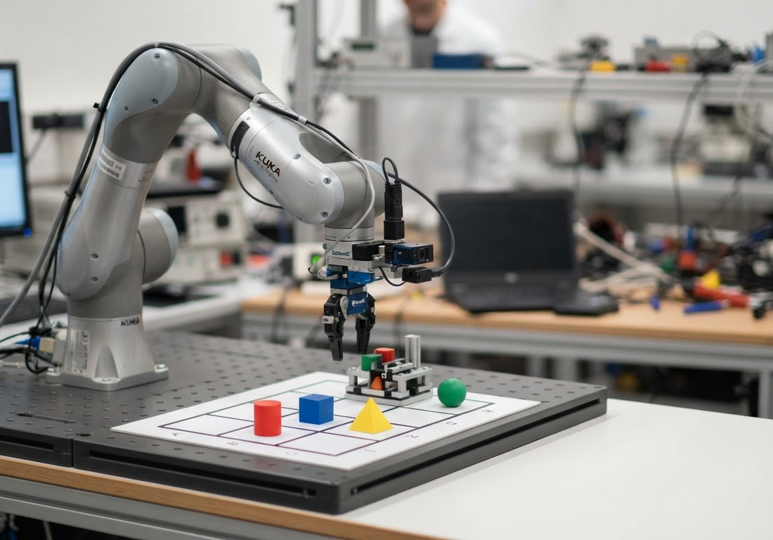 Braço robótico em laboratório posicionado sobre uma mesa com pequenos objetos, avaliando sua disposição antes de empurrá-los em teste de raciocínio espacial, sob luz branca uniforme