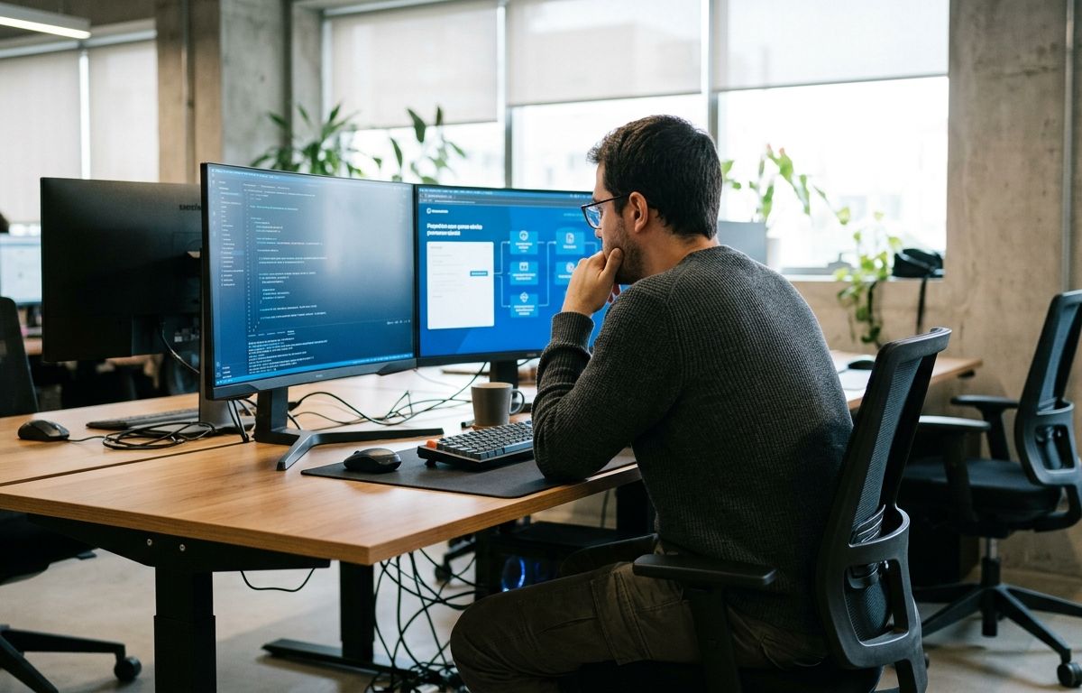 Profissional sentado de costas em frente a uma mesa com monitores exibindo fluxos de processos digitais em escritório iluminado por luz natural