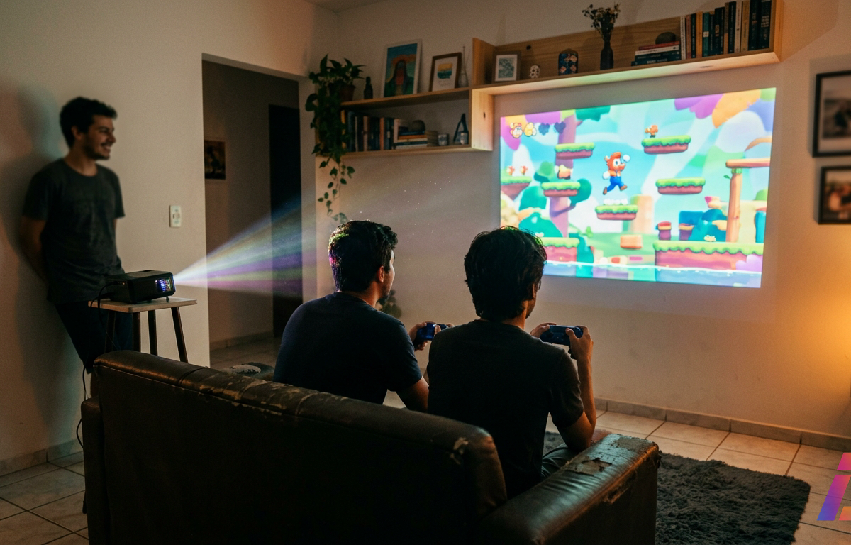 Fotografia noturna de uma sala de estar brasileira ao anoitecer, com um jogo colorido de personagem saltitante e plataformas flutuantes projetado na parede clara sobre prateleiras e quadros. Duas pessoas sentadas de costas no sofá seguram c