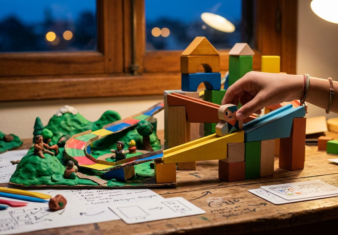 Close lateral de uma maquete de jogo sobre mesa de madeira em um quarto jovem, capturada no momento da transformação: à esquerda, cenário artesanal com colinas de massinha verde, personagens de modelar e pista de corrida de papel; à direita