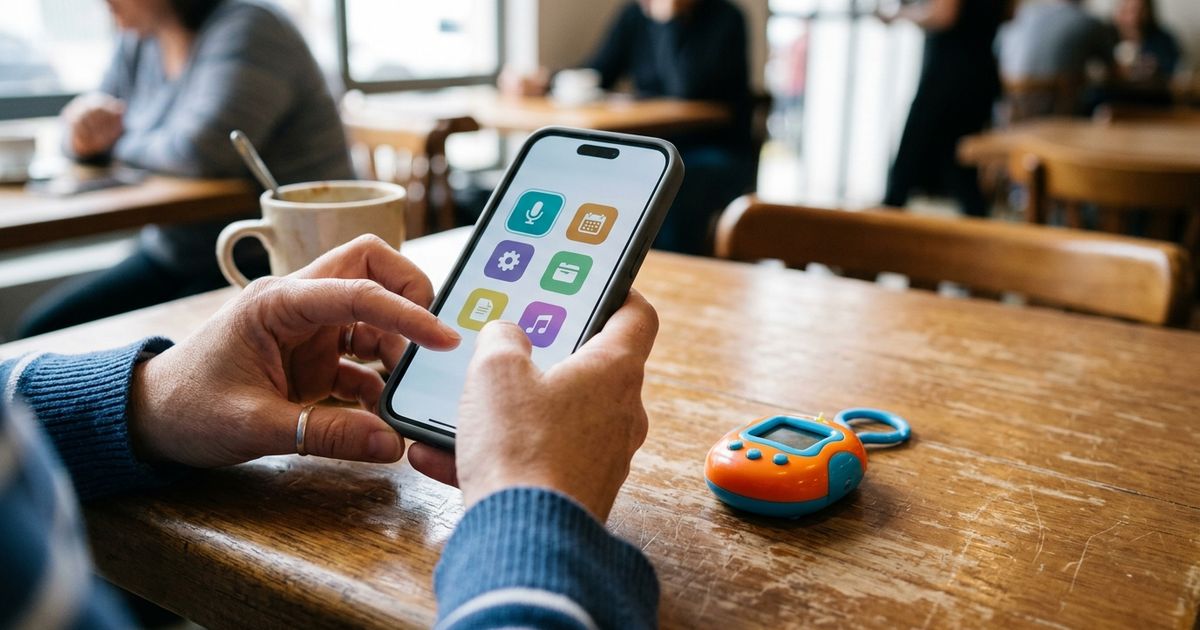 Mão segurando smartphone com tela de aplicativo de assistente pessoal de ícones coloridos, ao lado de pequeno dispositivo em formato de chaveiro sobre mesa de superfície clara