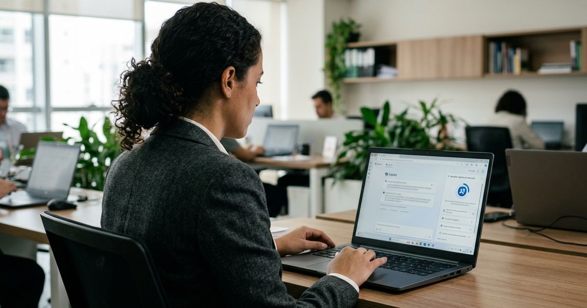 Profissional sentado em mesa de escritório moderno diante de um monitor com painel de agente em execução, ao lado de janela com luz natural e reflexos suaves sobre a superfície de trabalho