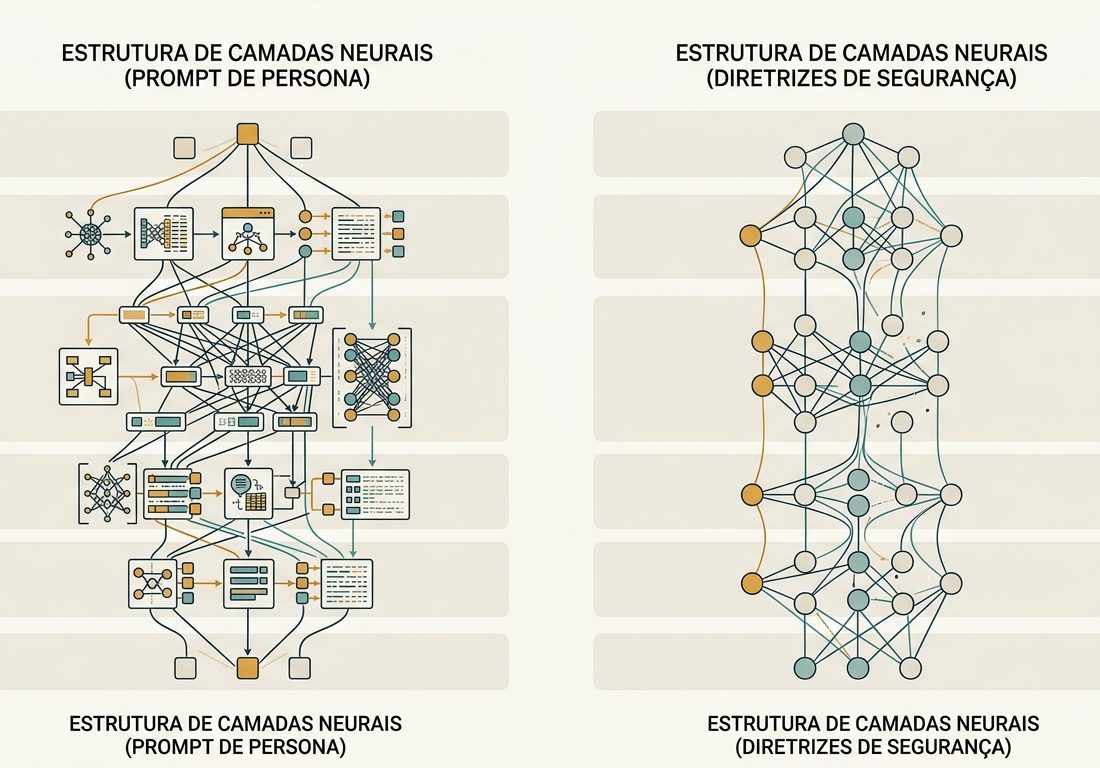 Diagrama esquemático técnico com fundo claro comparando fluxos neurais: um feixe de linhas em tom âmbar penetra profundamente em camadas intermediárias organizadas, enquanto um feixe sutil em azul-petróleo se dissipa logo nas camadas superf
