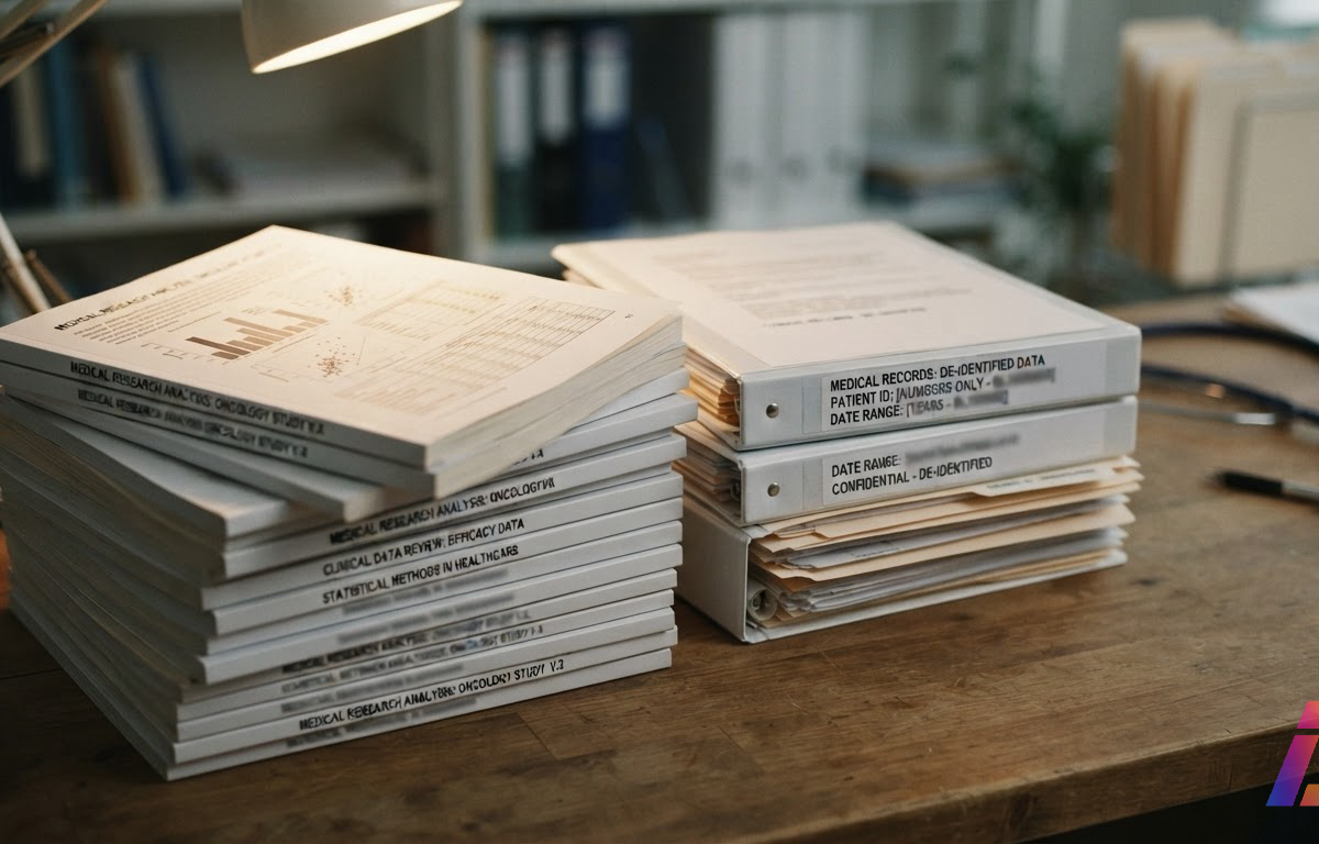 Pilha de dez manuscritos de pesquisa médica com gráficos estatísticos impressos ao lado de registros de prontuários empilhados, sob luz suave de mesa de revisão, com espaço livre no canto inferior direito.