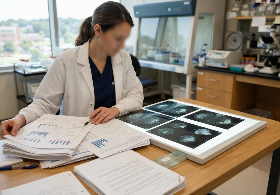 Pesquisadora em jaleco compara gráficos impressos de coorte de prontuários com mamografias sobre mesa em laboratório clínico iluminado por luz natural de janela