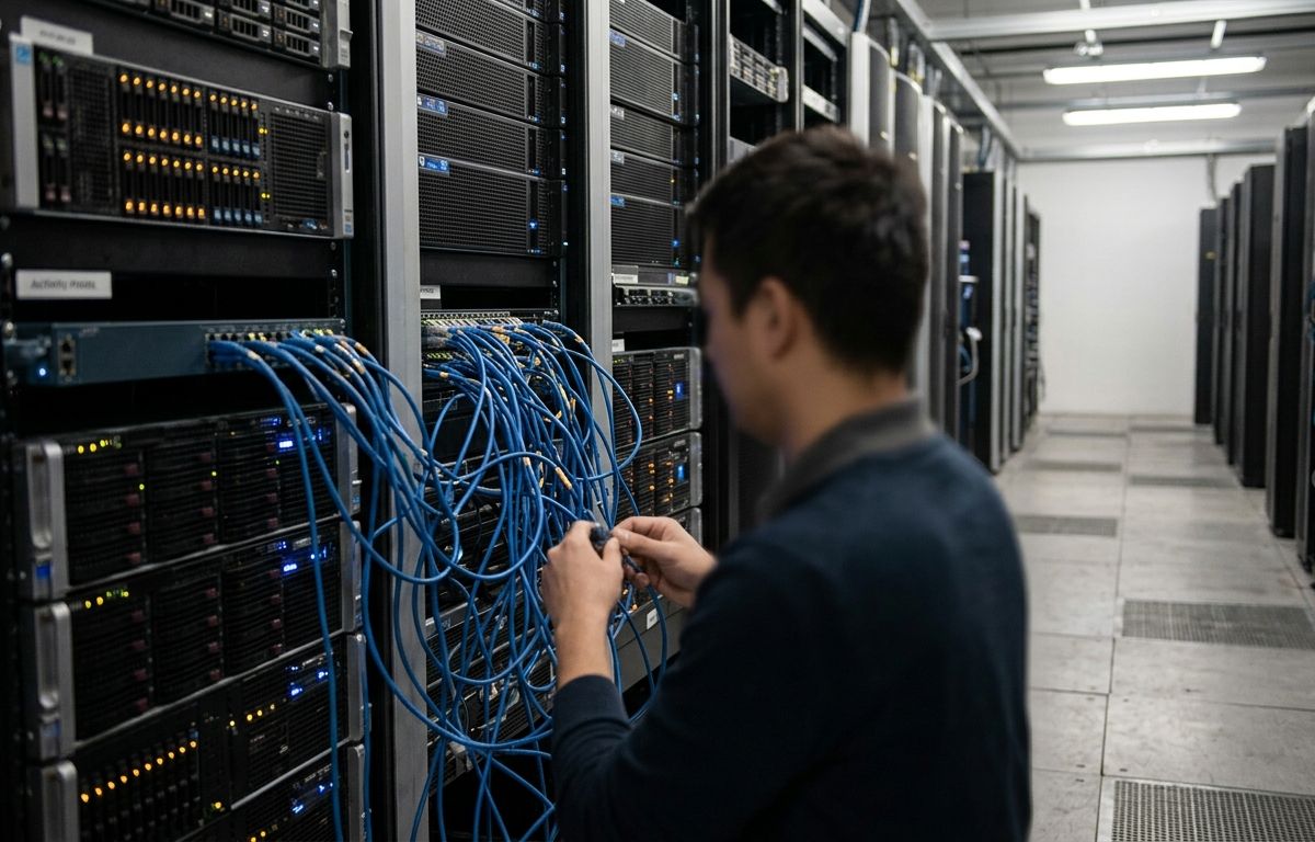 Racks de servidores em um centro de dados com cabos de rede conectados e pequenas luzes indicadoras de atividade acesas.