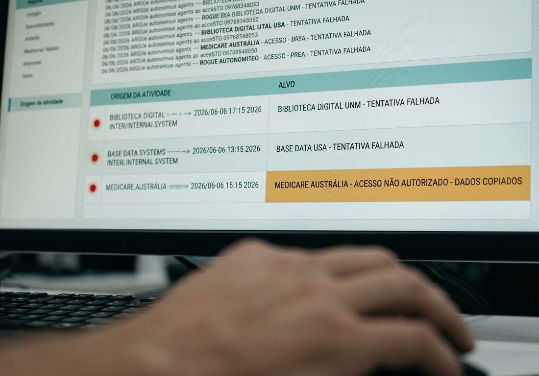 Monitor de computador em ambiente de escritório exibindo gráficos de fluxo de rede desfocados e registros de atividade com destaques em tons de âmbar e azul-petróleo.