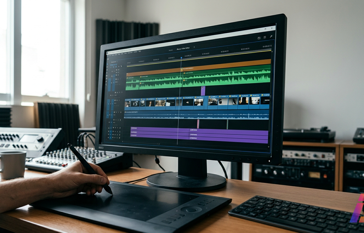 Monitor profissional exibe linha do tempo de edição audiovisual com trilhas horizontais de vídeo e áudio em ilha de pós-produção iluminada suavemente.