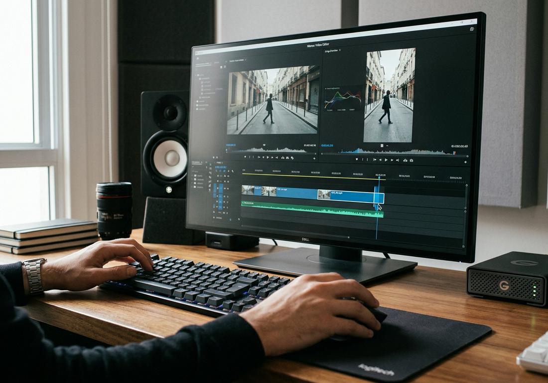 Mesa de trabalho com monitor profissional exibindo interface de edição de vídeo, com linha do tempo de cortes detalhada e painéis lado a lado em proporções horizontal e vertical.