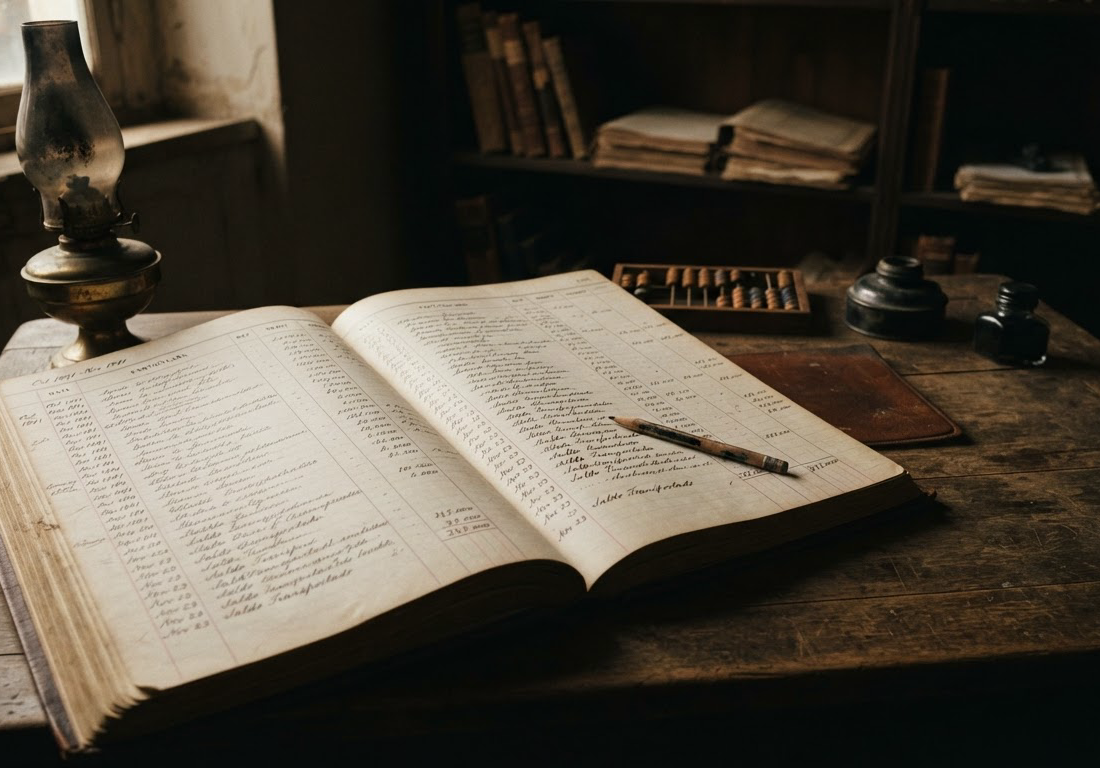 Livro-caixa antigo aberto sobre mesa de madeira, com operações anotadas linha a linha, lápis pousado sobre a última entrada e lampião apagado ao lado, em escritório na penumbra