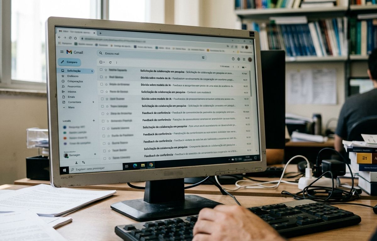 Computador sobre mesa de escritório iluminada por luz natural, exibindo uma caixa de entrada de e-mails em ambiente de trabalho acadêmico.