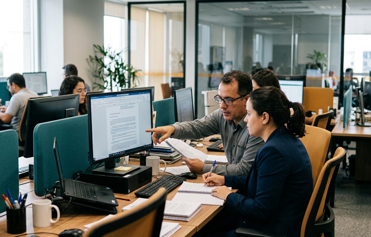 Servidores públicos de costas e perfil trabalhando em computadores dentro de um escritório governamental iluminado por luz natural