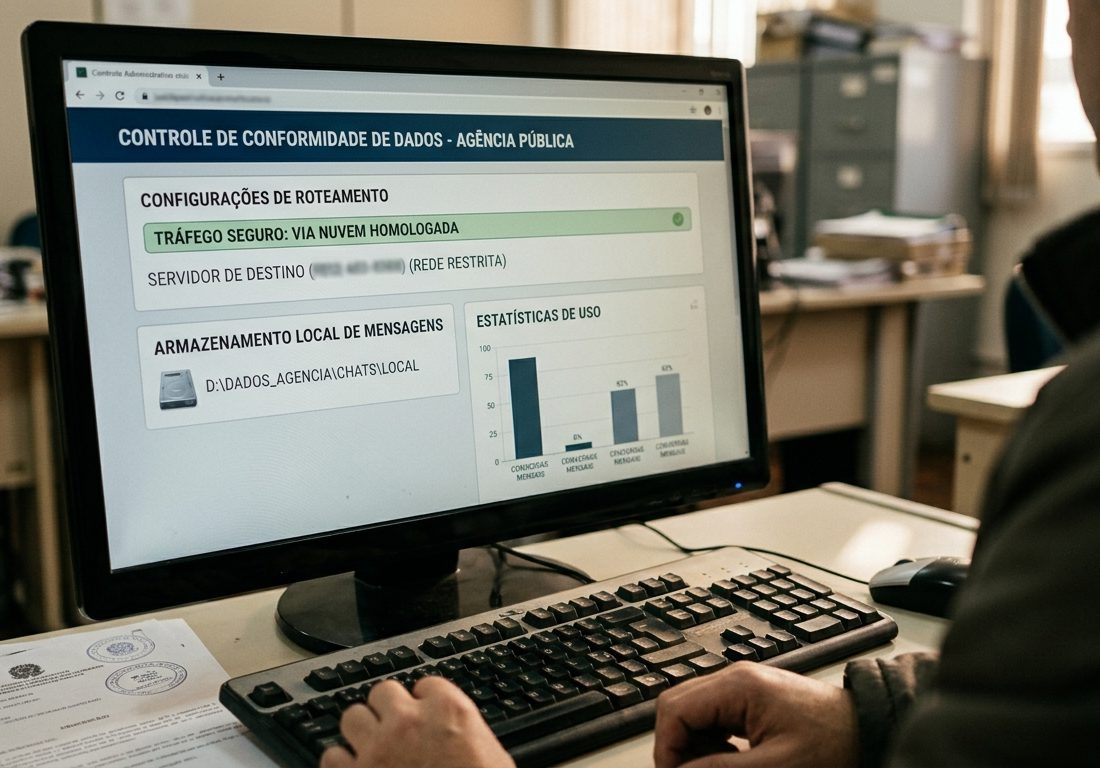 Monitor de computador em mesa de escritório exibindo gráficos abstratos e métricas de controle em tons de azul e âmbar, com foco suave e profundidade de campo rasa.