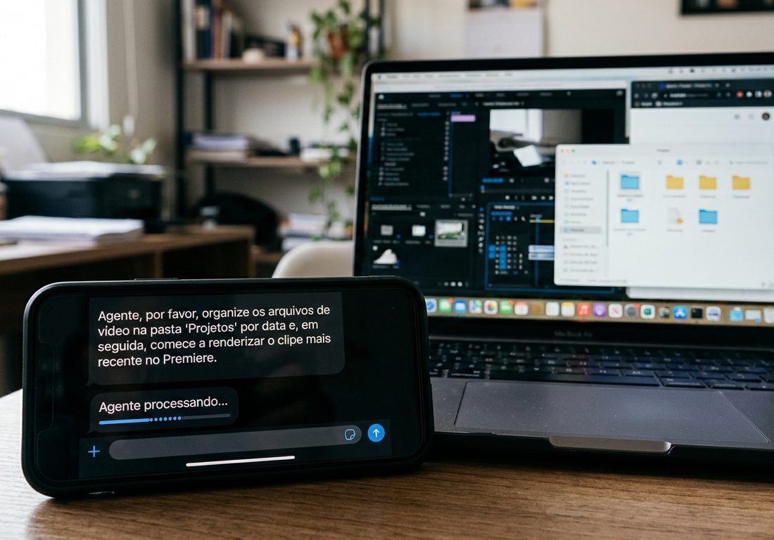 Smartphone apoiado sobre mesa clara ao lado de teclado de computador, com tela exibindo interface de mensagens e cards de comandos