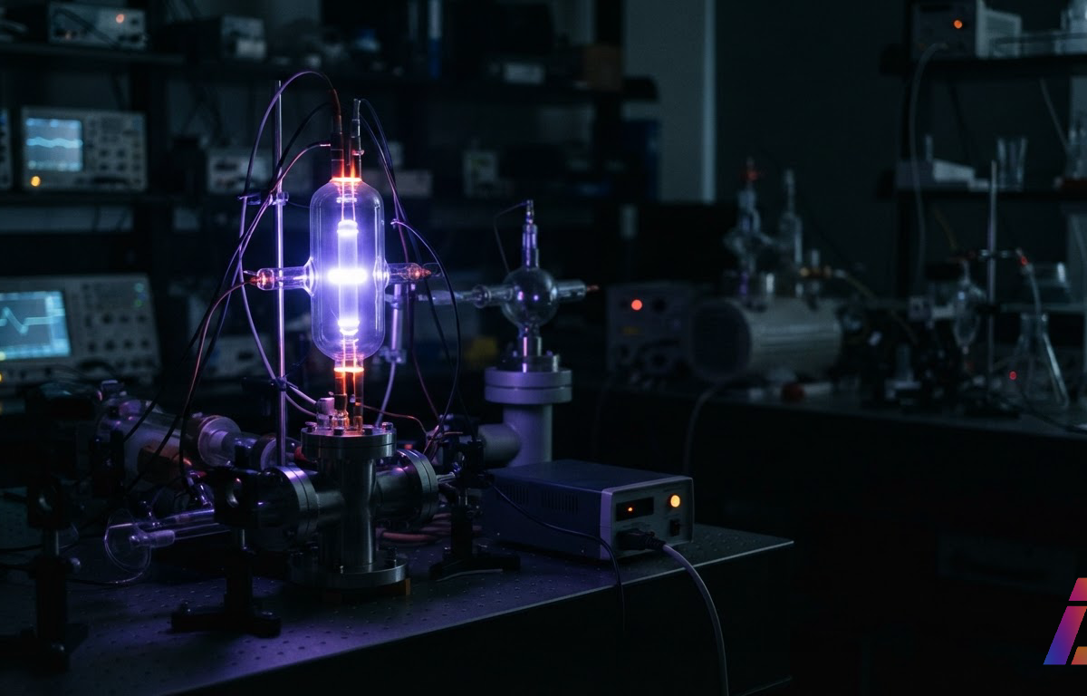 Tubo de descarga com gás argônio emitindo brilho violeta-azulado sobre fundo escuro de laboratório, com espaço livre no canto inferior direito
