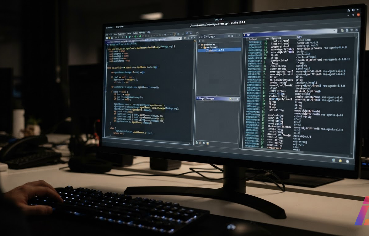 Monitor em primeiro plano com o Ghidra exibindo uma função descompilada ao lado de bytecode Android, e janela do repositório morluto/rea com a tag rea-agents-6.4.0 visível