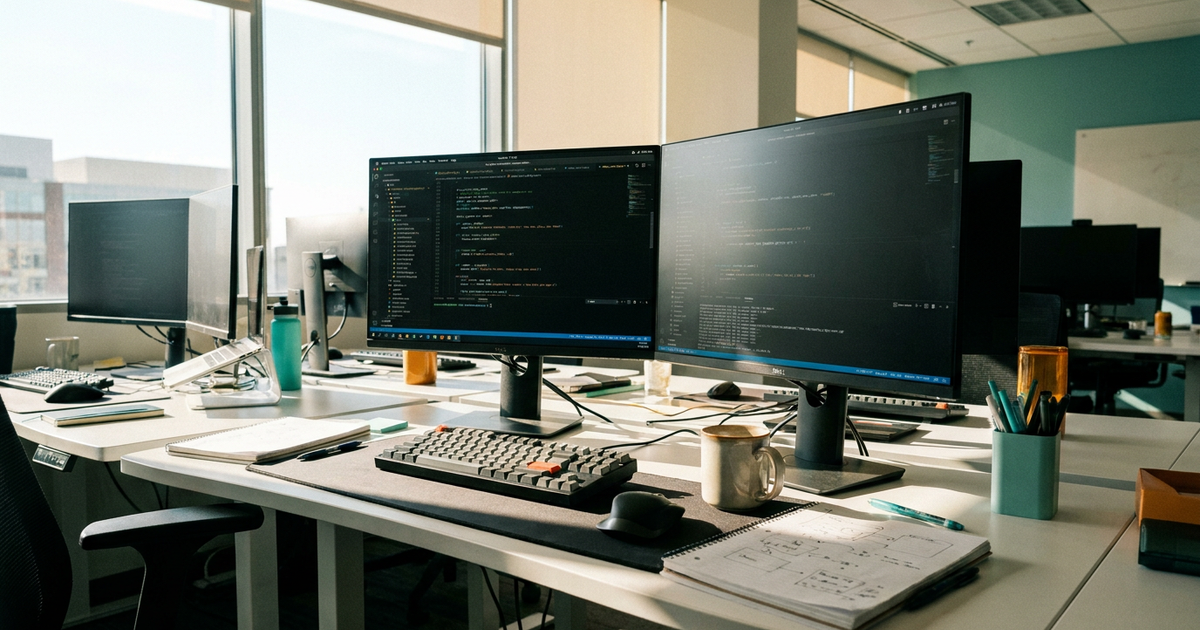 Mesa de trabalho com dois monitores exibindo código em um escritório iluminado