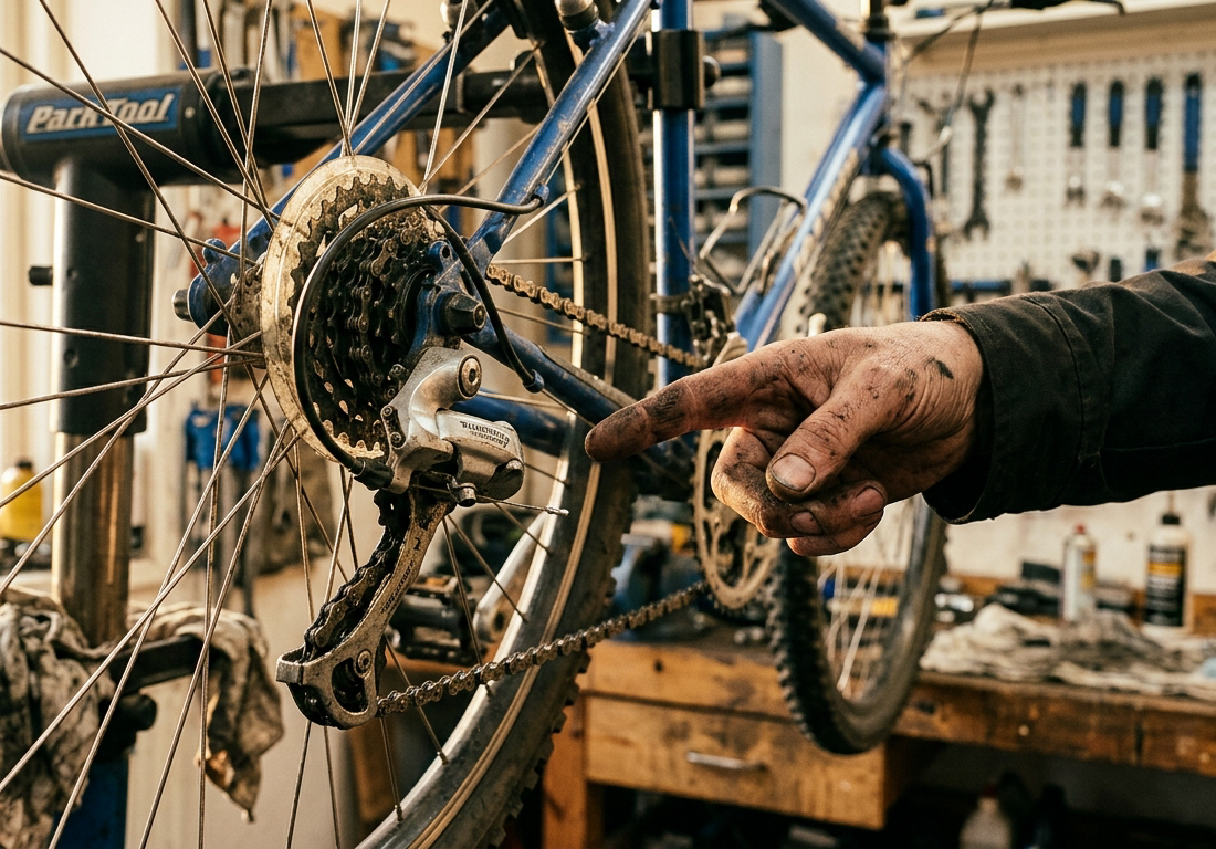 Close em uma bicicleta real de sete marchas suspensa em um suporte de oficina, com foco no câmbio traseiro, no cassete e na corrente cromada. Uma mão adulta com mancha de graxa entra pelo lado direito do quadro e aponta o dedo indicador a c