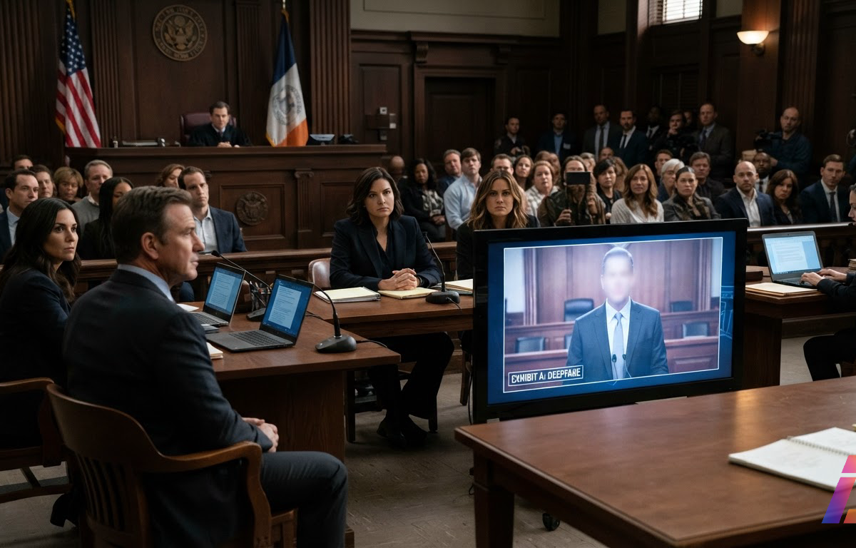 Sala de tribunal nova-iorquina com telas exibindo vídeo de figura pública durante apresentação de prova a jurados e advogados