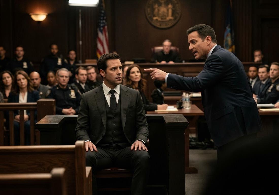 Cena de tribunal em série policial nova-iorquina com executivo de tecnologia no banco dos réus e promotor apontando durante depoimento, sob iluminação dramática de estúdio de TV