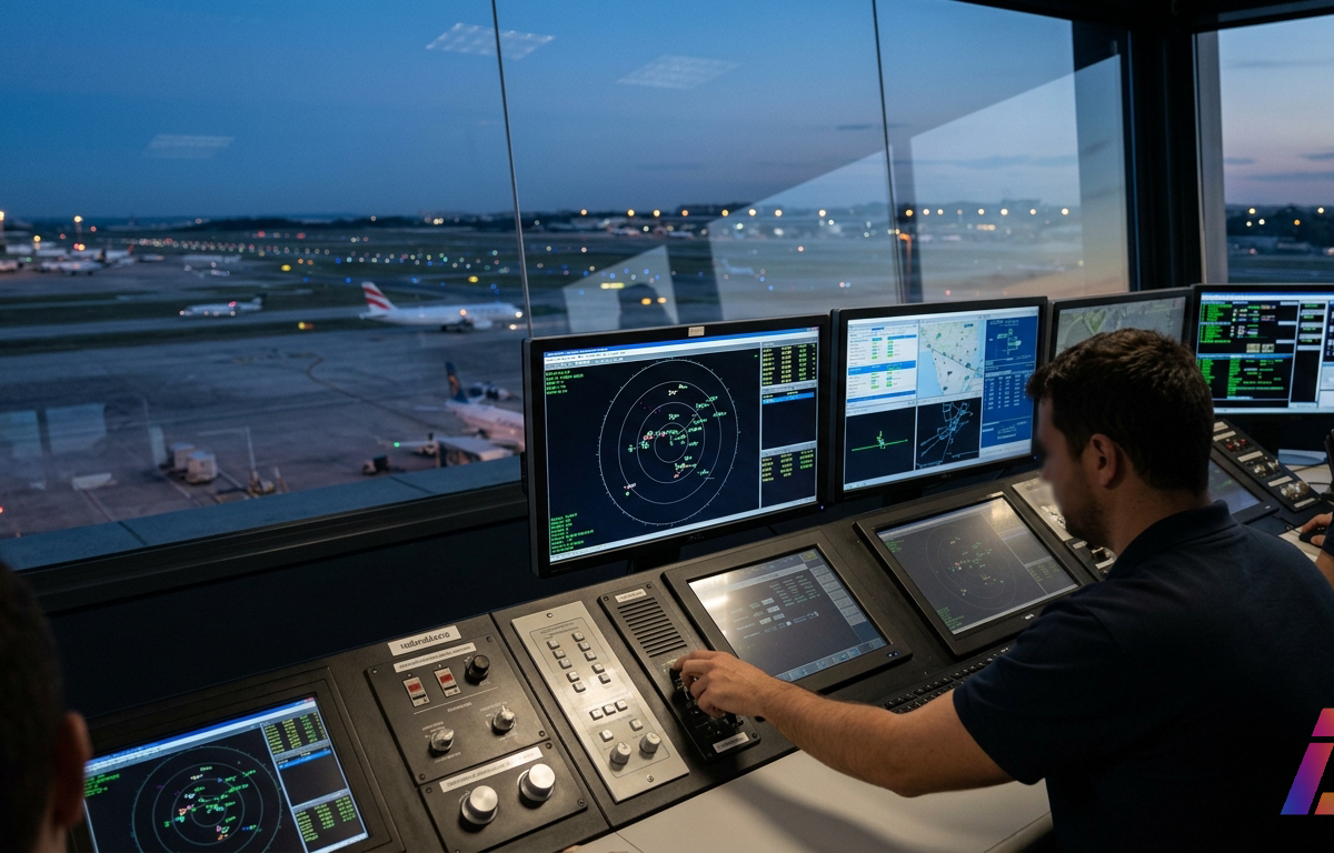 Sala de controle de tráfego aéreo com consolas operacionais, monitores com cartas de navegação e grandes janelas voltadas para as pistas durante o entardecer.