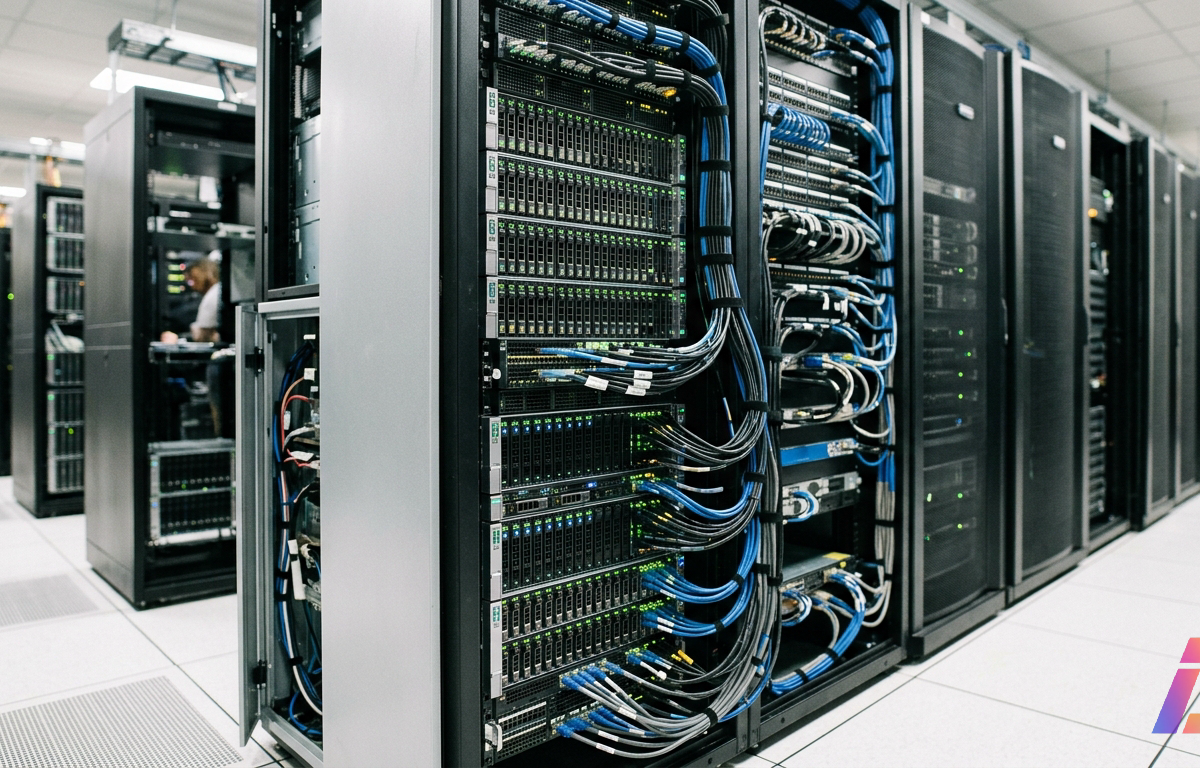 Racks de servidores em um centro de dados com cabos de rede alinhados e luzes de monitoramento acesas.