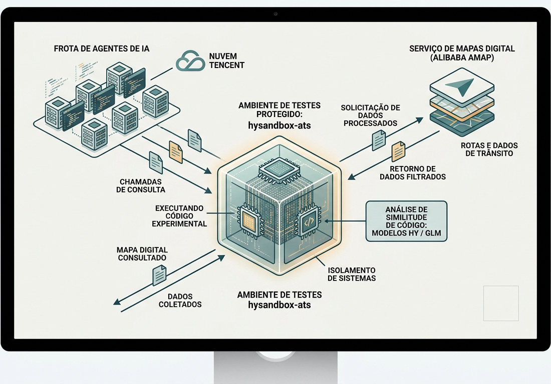 Diagrama esquemático em tela clara exibindo nós de rede conectados por linhas em azul-petróleo e âmbar, ilustrando o fluxo entre agentes digitais, um ambiente isolado de testes e um serviço de mapas.