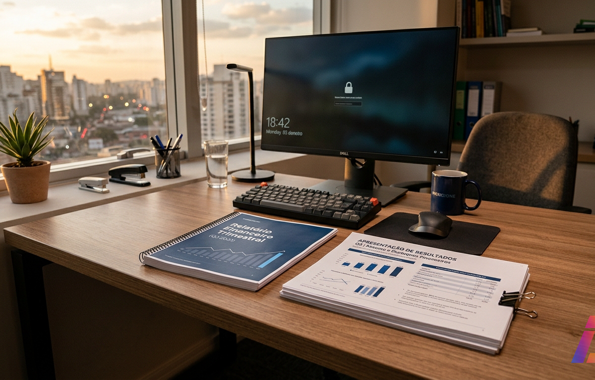 Mesa de escritório corporativo quase vazio ao fim do expediente, com documentos carimbados, diagramas impressos e pastas etiquetadas empilhadas em camadas organizadas, ao lado de um copo de café recém-esvaziado ainda soltando vapor, uma cad