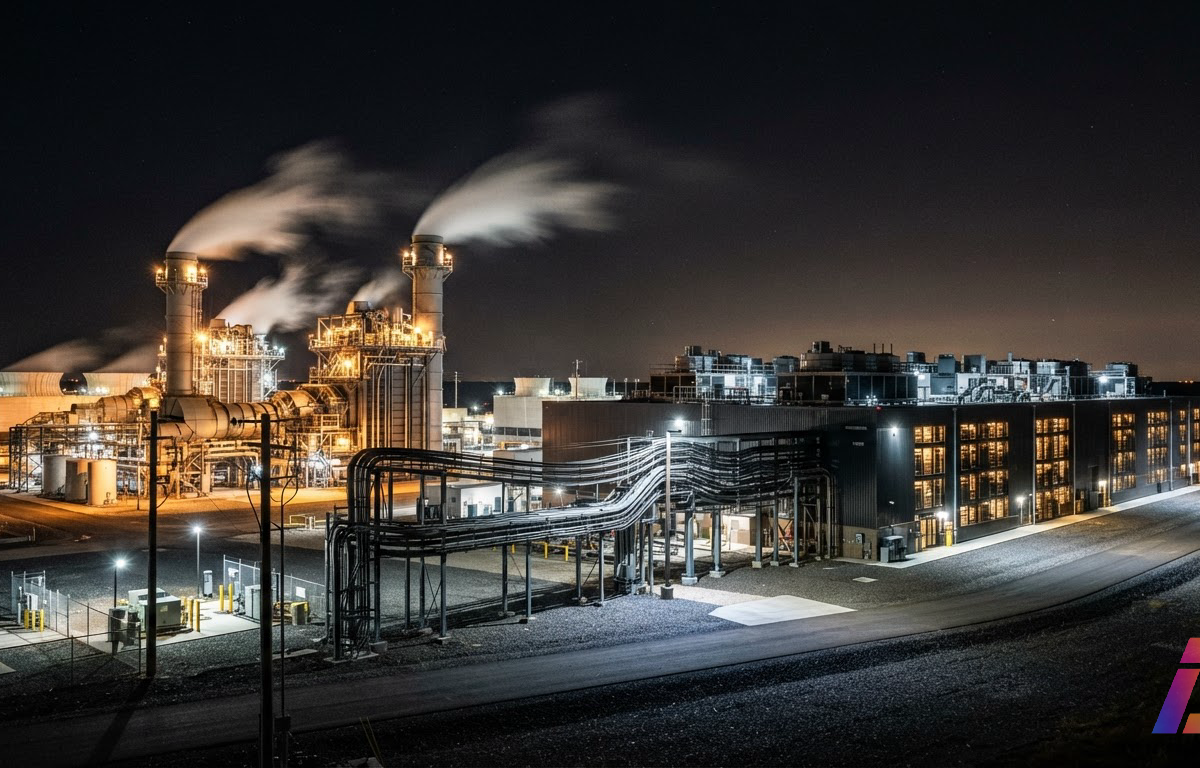 Turbinas a gás com chaminé soltando fumaça à noite, ao lado de um galpão de data center conectado por cabos de ligação direta, sob céu escuro nos Estados Unidos.